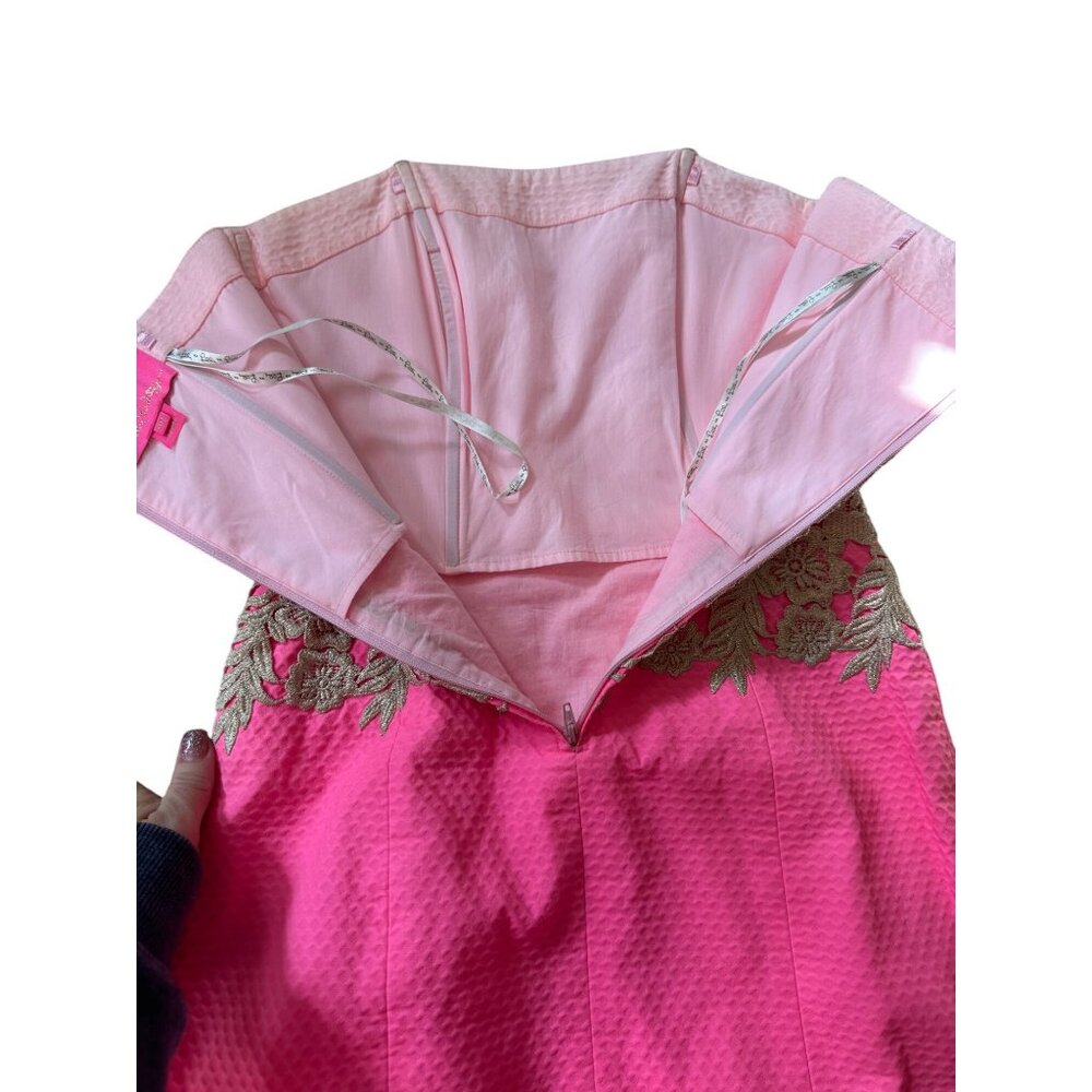 Lilly Pulitzer Kade Pink Barbie Strapless Dress With Gold Lace Accent & Back Zip - Picture 6 of 7